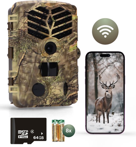 MasonPro WildCamera - Wildcamera met Nachtzicht - Wildcamera voor Buiten – Wildcamera met Nachtzicht en Wifi - Wild Camera - Waterdicht - Wifi APP - 4K Ultra HD & 48MP – Incl. 8 batterijen - Incl. 64GB SD - Incl. Tripod
