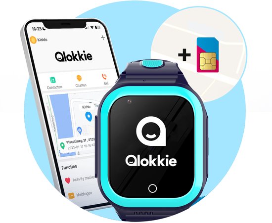 Qlokkie Kiddo GO - GPS horloge kind - Smartwatch kinderen - GPS tracker kind met nauwkeurige locatiebepaling - GPS horloge kind met simkaart - Stel veilige zones in - SOS functie - Whatsapp - Blauw