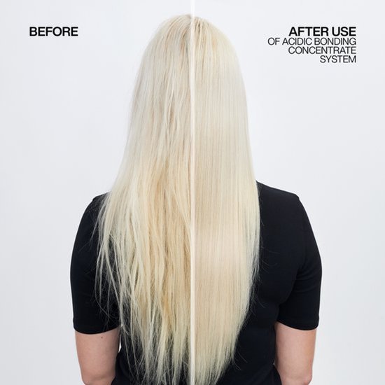 Avant et après utilisation du système concentré de liaison acide sur de longs cheveux blonds.