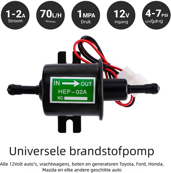 Pompe à essence universelle 12 V - Pompe à essence électrique - HEP-02A - Zwart - Pièces de voiture - Diamètre d'entrée et de sortie 8 mm - Pression de sortie 4-7 PSI