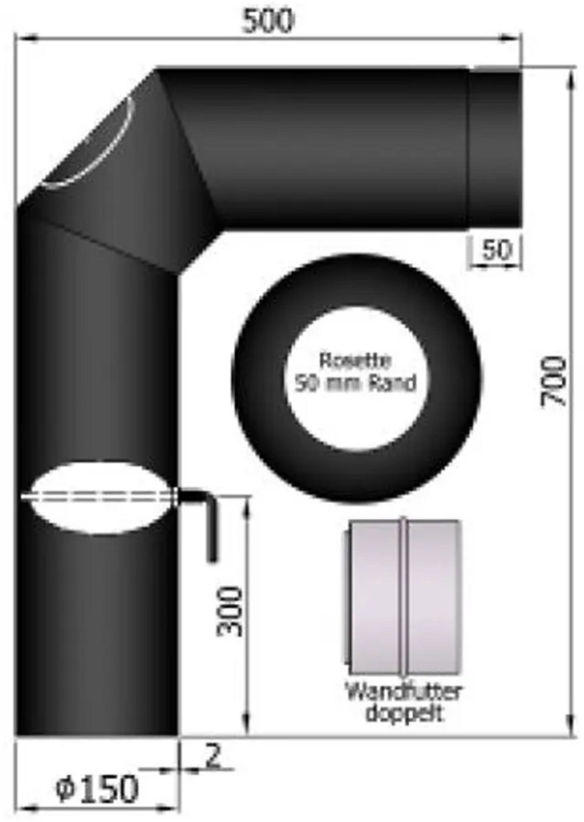 Kachelpijp Ø150 - Knieset 2 x 45° - 700 x 500mm - deur - smoorklep - nisbus - rozet