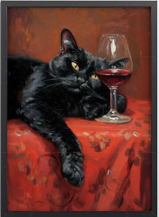 Zwarte kat met gele ogen ligt naast een glas rode wijn op een rode tafel met bloemenpatroon.