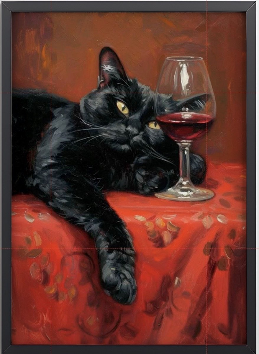 Kat met Wijn Poster Ingelijst – 30x45 cm met Lijst | Elegante Wanddecoratie in Schilderstijl – Grappige Kunstprint voor Keuken, Woonkamer of Bar