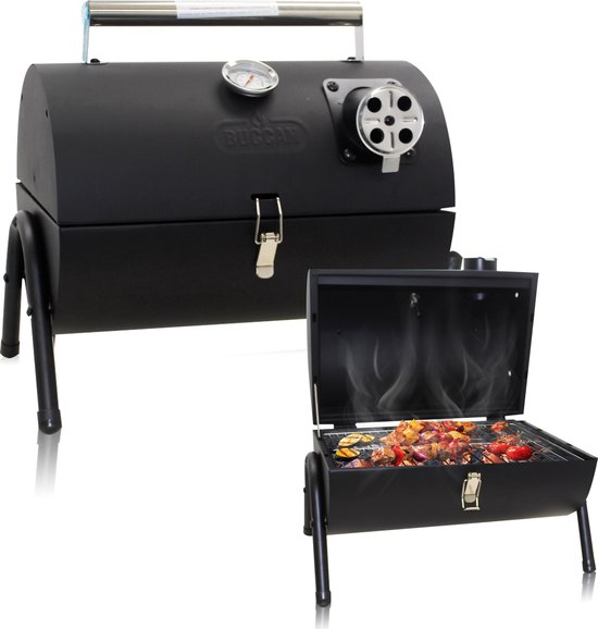 Muntel® Houtskoolbarbecue - Smoker - BBQ - Grill - Draagbaar - Uitklapbaar - Cilinder - Camping - Zwart