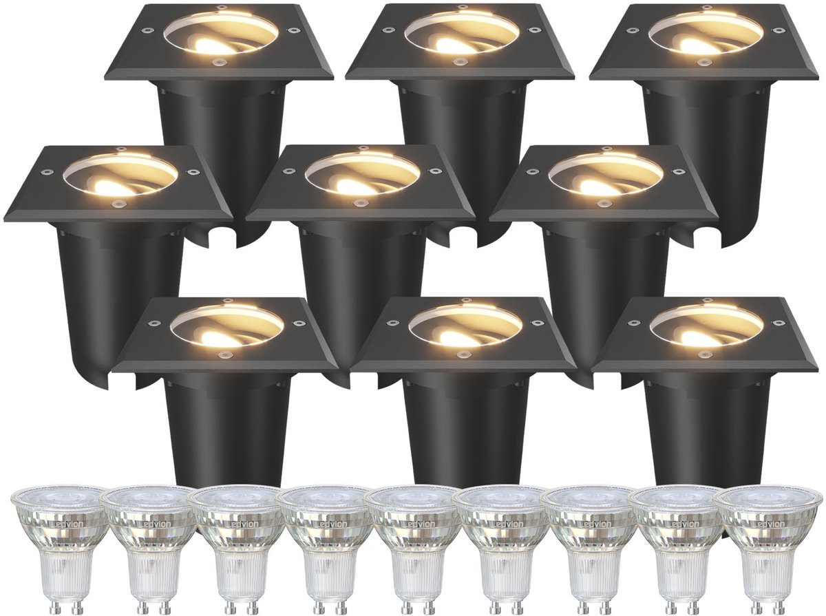 Ledvion Set van 9 LED Grondspot Buiten IP67 3W 230V 345Lm 2700K GU10 wit