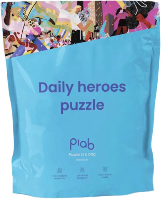 Blauwe verpakking van de "Daily heroes puzzle" van Plob. De bovenkant toont een deel van de puzzelillustratie met diverse mensen en symbolen.