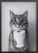 Kat met WC-Rol Zwart-Wit Poster Ingelijst –30x45 cm met Lijst | Grappige Dierenfoto als Wanddecoratie voor Toilet of Badkamer