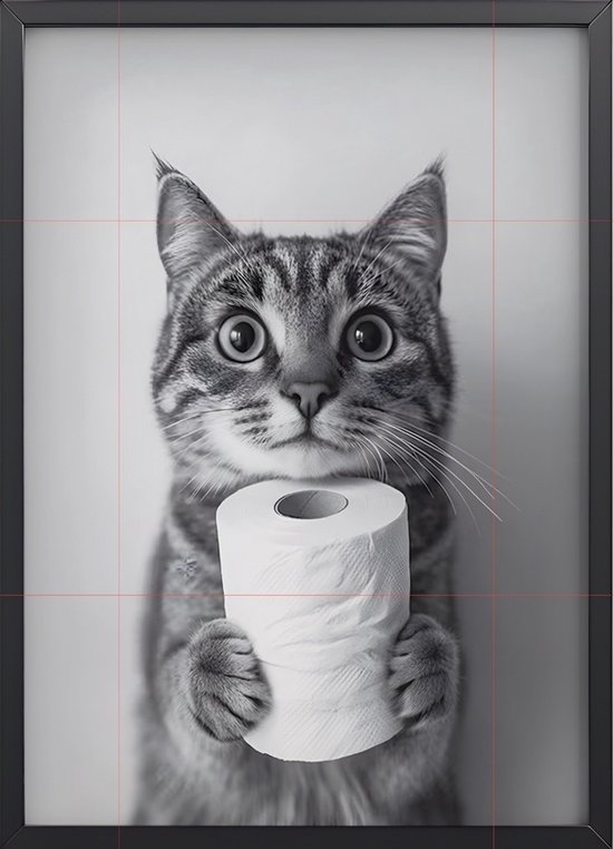 Poster encadré « Chat avec rouleau de papier toilette » Zwart et Wit – 30 x 45 cm avec cadre | Photo d'animal amusante comme Décoration murale pour Toilettes ou salle de bain