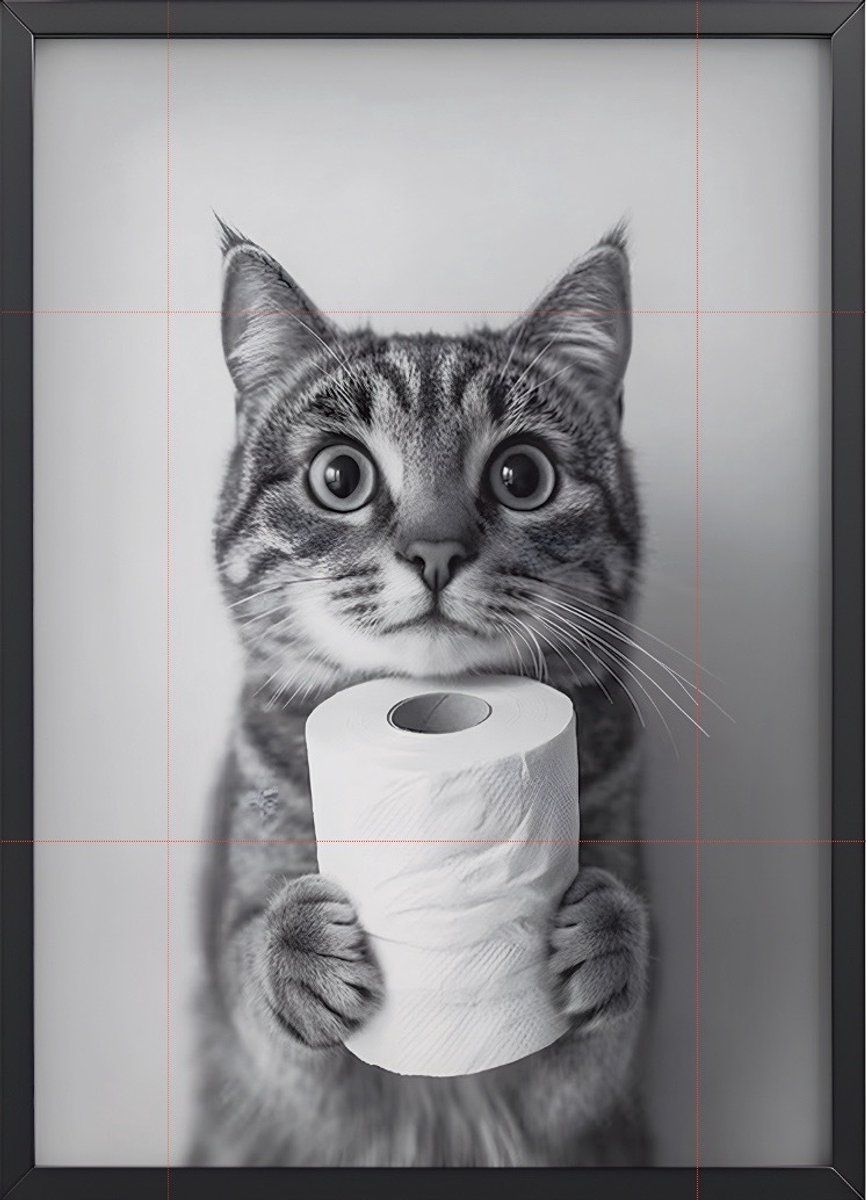 Kat met WC-Rol Zwart-Wit Poster Ingelijst –30x45 cm met Lijst | Grappige Dierenfoto als Wanddecoratie voor Toilet of Badkamer