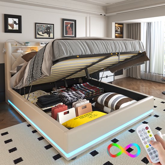 Gestoffeerd tweepersoonsbed met led-hoofdeinde en USB-oplaadbaar, hydraulisch bed met lattenbodem en bedlade, opbergbed, tienerbed, modern bedframe, PU, zwart, zonder matras (140 x 200