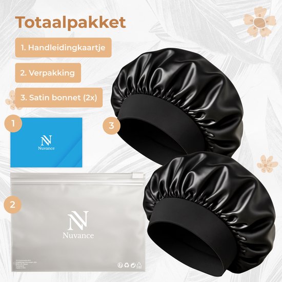 Twee zwarte satijnen bonnets met een handleidingskaartje en verpakking.