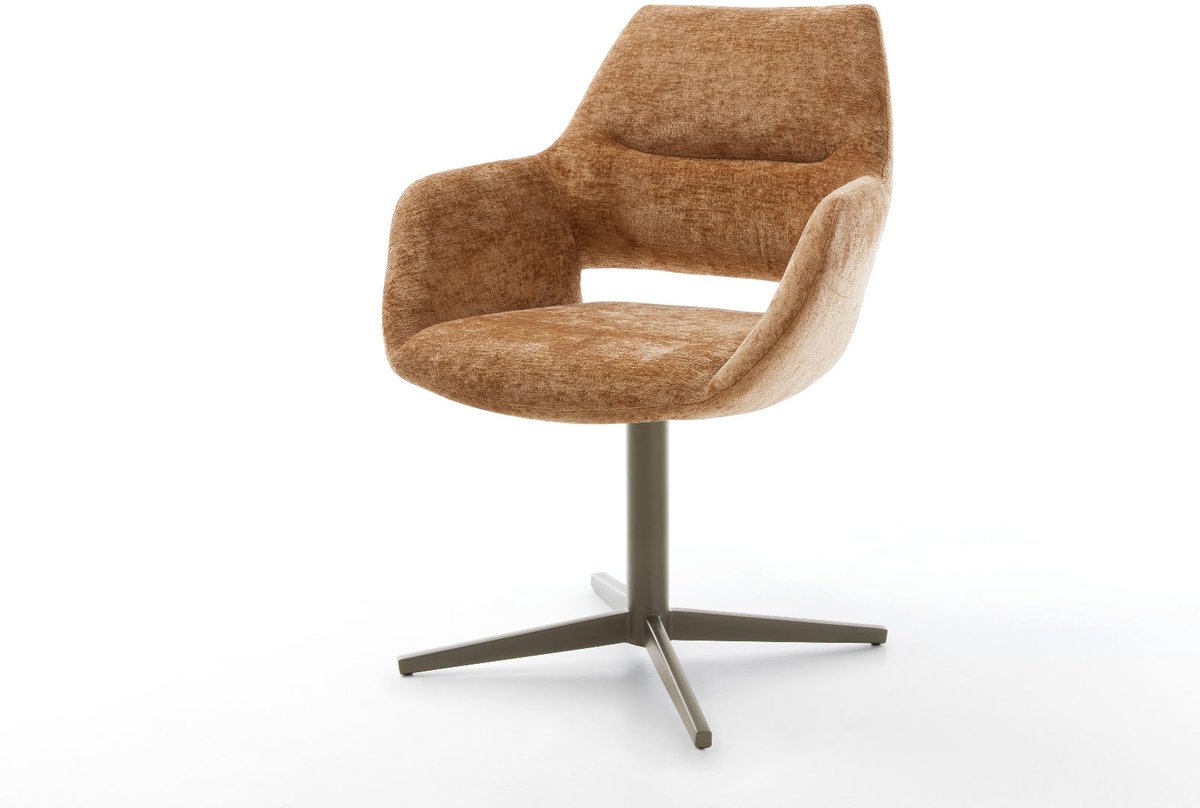 Eetkamerstoel Yago-Flex met armleuning kruispoot afwerking met titanium chenille Roest 360° draaibaar pocketveer kern