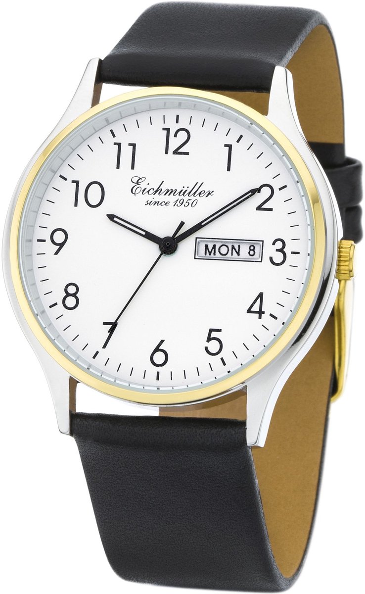 Eichmüller Klassiek Herenhorloge met Dag en Datum - Bicolor Edelstaal - Bruine Horlogeband - Witte Wijzerplaat - Quartz Uurwerk - 38 mm