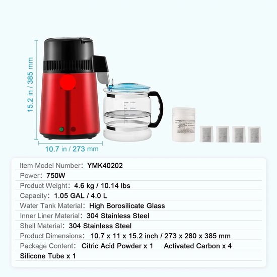 Distillateur d'eau - Distillateur Water - Distillateur automatique - 4 L - 750 W - 220 V - Avec filtre à charbon - Distillateur - Production Water Zuiver - Idéal pour un usage domestique - Rouge