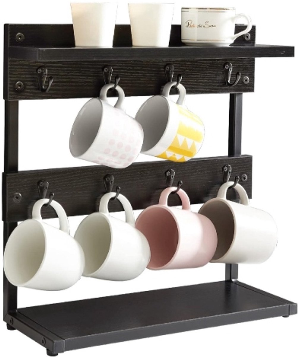Retadou - Vintage bekerhouder met 8 haken, koffiebekerhouder voor aanrecht, bekerstandaard met opbergbodem, voor keuken, eetkamer, café, 40 x 15 x 40 cm, zwart