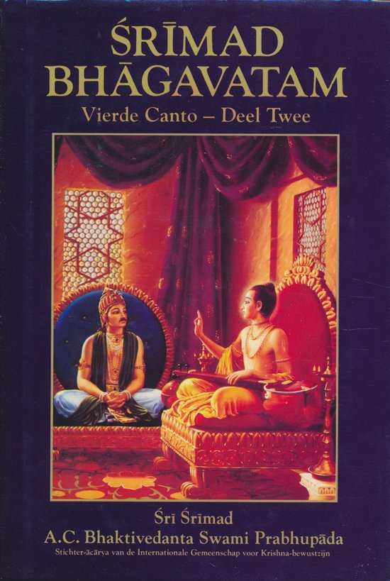 Boekomslag van Srimad Bhagavatam, Vierde Canto - Deel Twee, met een afbeelding van twee mannen in een koninklijke setting.