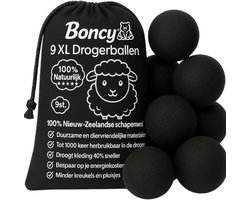 Boncy® Drogerballen - 9 Stuks XL Droogballen voor Wasdrogers - 100% Nieuw Zeelandse Schapenwol Wasdrogerballen - Energiebesparend & Duurzaam Cadeau - Wasballen voor Wasdroger Droogtrommel - Dryer Balls Wol Droger Ballen - Wasbol Wasbollen - Zwart