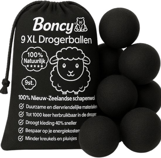 Balles de séchage Boncy® Premium - 9 balles de séchage XL pour Sèche-linge - Balles de séchage 100 % laine de mouton de Nouvelle-Zélande - Cadeau économe en énergie et durable - Balles de lessive pour sèche-linge - Balles de séchage en laine - Zwart