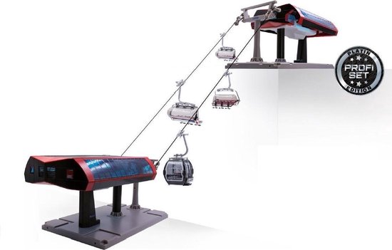 Speelgoedkabelbaan 'Profi Set Edition' met dal- en bergstation, rode en blauwe details, drie stoeltjesliften en een gondel.