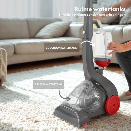 Grijze tapijtreiniger met rode accenten en transparante tanks, die wordt bijgevuld.