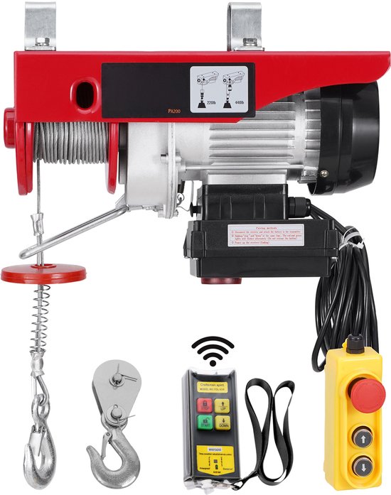 Rode elektrische takel met zilveren motor, hijshaak, draadloze afstandsbediening en bedrade afstandsbediening met noodstop.