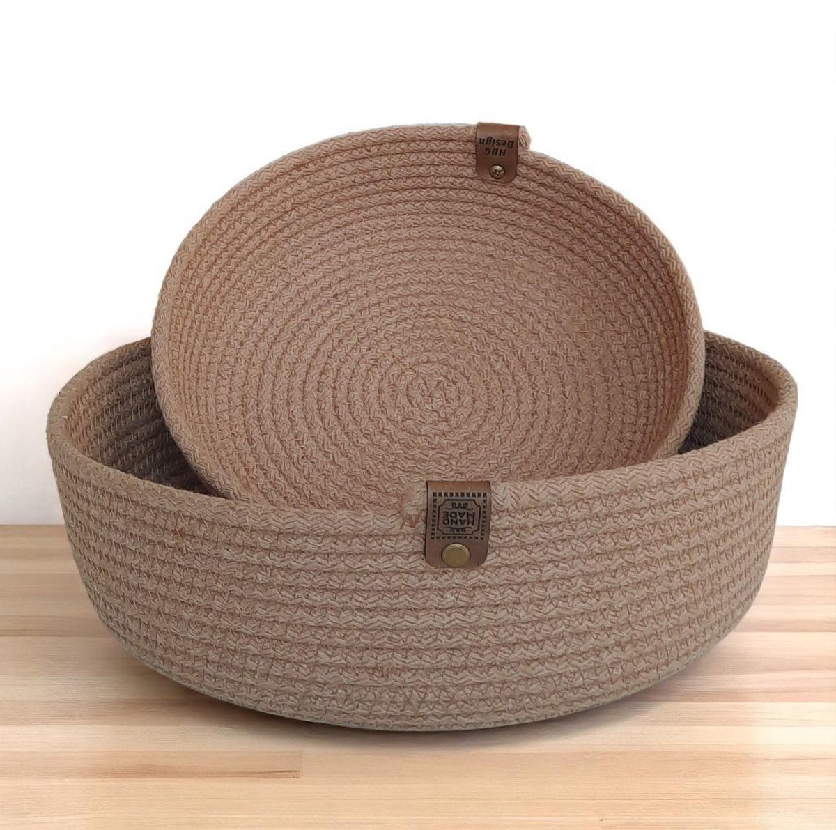 Hobbygaren – Handgemaakte Opbergmanden Set – Milky Coffee – Gevlochten Gerecycled Katoen – 23x6 & 29x9 cm – Duurzaam & Neutraal – Mandjes voor Keuken, Badkamer of Cadeau