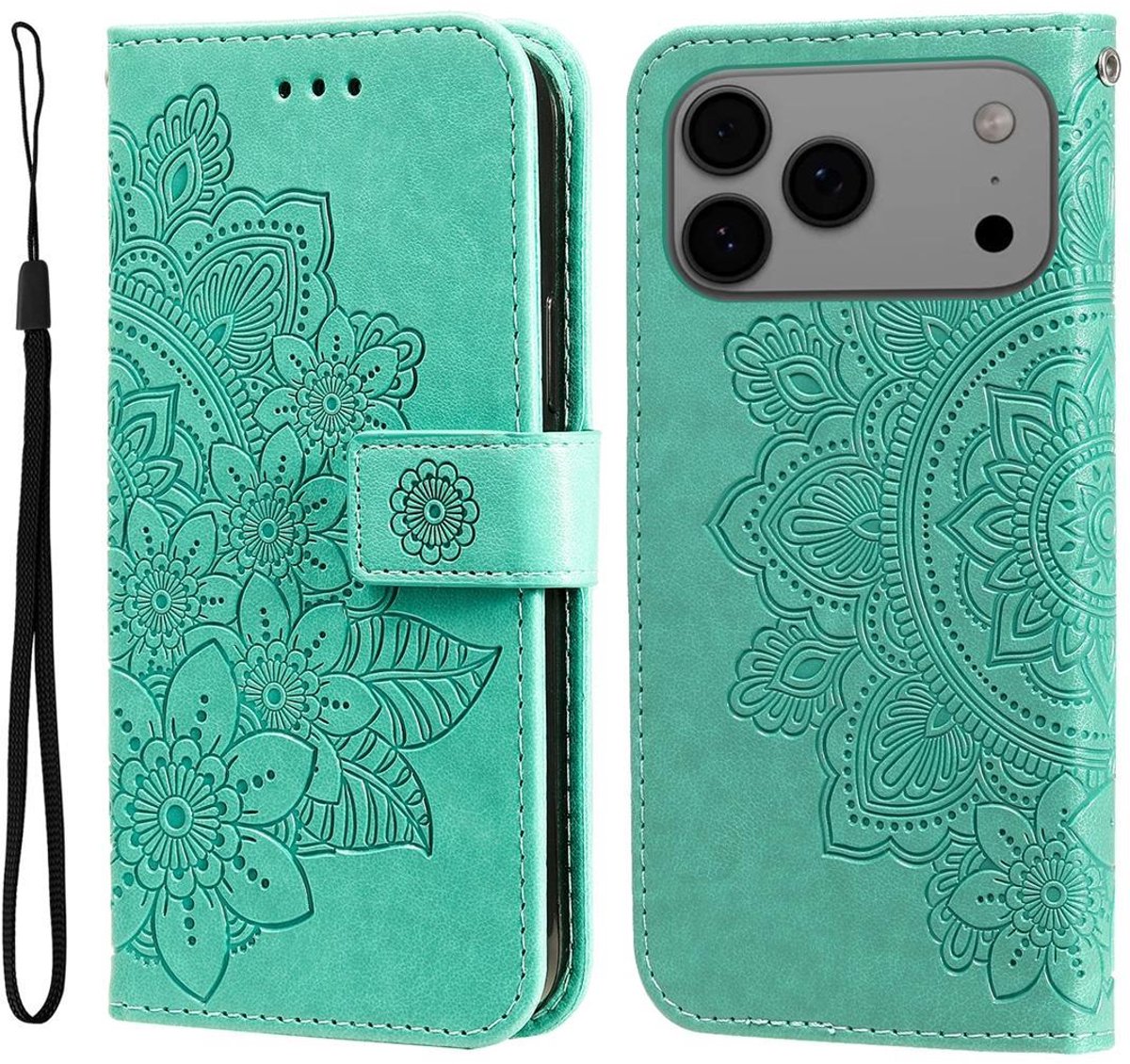 Mobigear Telefoonhoesje geschikt voor Apple iPhone 17 Pro Max Hoesje | Mobigear Flowers Bookcase Portemonnee | Pasjeshouder voor 3 Pasjes | Telefoonhoesje voor Pinpas / OV Kaart / Rijbewijs - Groen