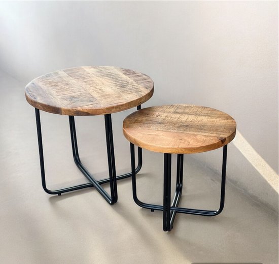 Relaxdays Bijzettafel Set Van 3 - Mangohout & Metaal, Nesttafels Natuurlijk