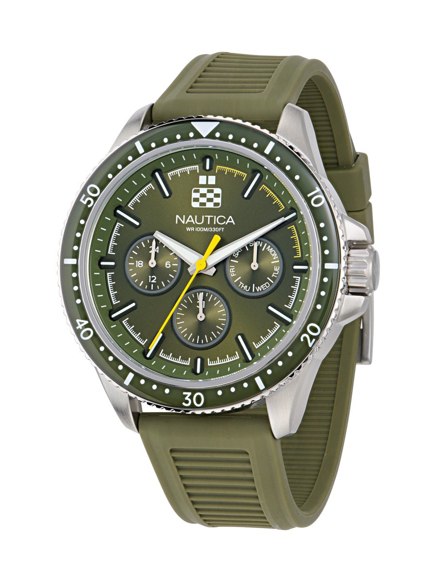 Nautica Nct Windrose Kwarts Analoog Horloge Groente Case: 100% Stainless Steel | Armband: 100% Silicone 46 mm NAPWRF402