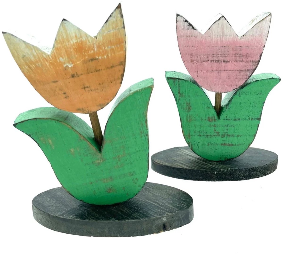 Houten tulp - set van 2 - roze en geel - 14 cm hoog