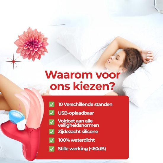 Een vrouw slaapt in bed, naast een rode vibrator met flexibele tong. Tekst benadrukt 10 standen, USB-oplaadbaar, waterdicht en stil.