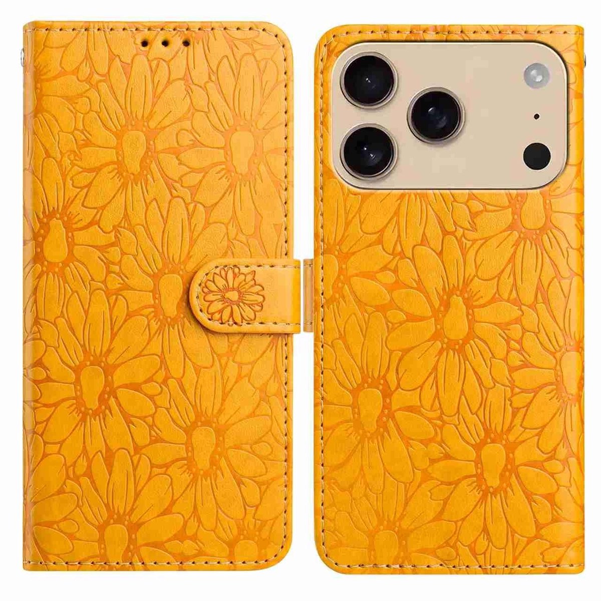 Mobigear Telefoonhoesje geschikt voor Apple iPhone 17 Pro Max Hoesje | Mobigear Flowers Bookcase Portemonnee | Pasjeshouder voor 3 Pasjes | Telefoonhoesje voor Pinpas / OV Kaart / Rijbewijs - Geel