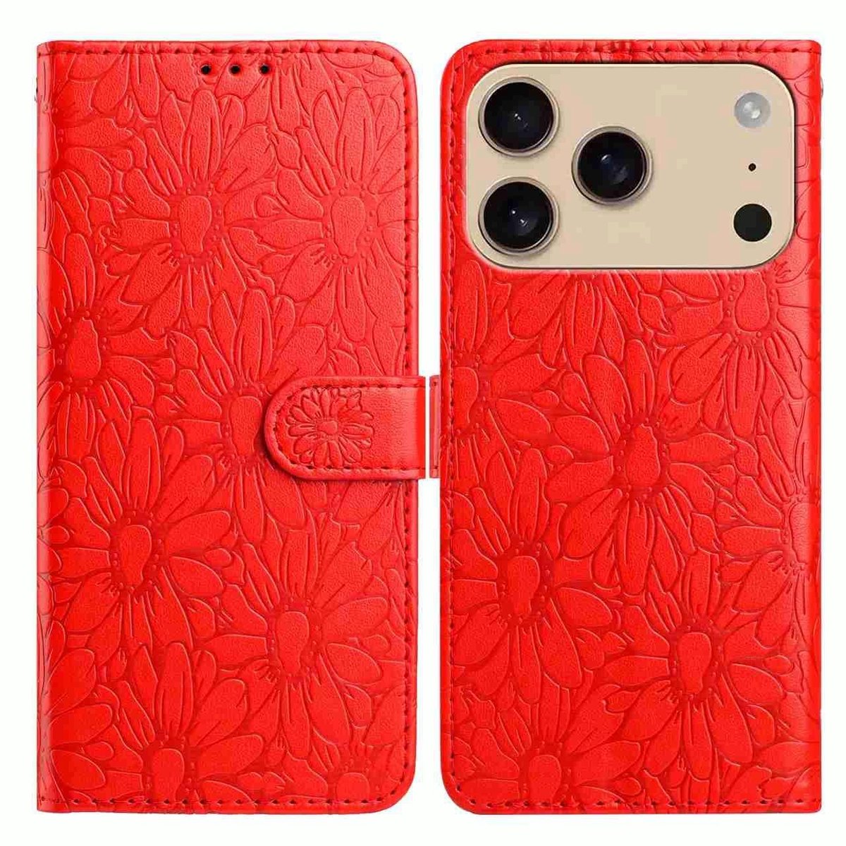 Mobigear Telefoonhoesje geschikt voor Apple iPhone 17 Pro Max Hoesje | Mobigear Flowers Bookcase Portemonnee | Pasjeshouder voor 3 Pasjes | Telefoonhoesje voor Pinpas / OV Kaart / Rijbewijs - Rood