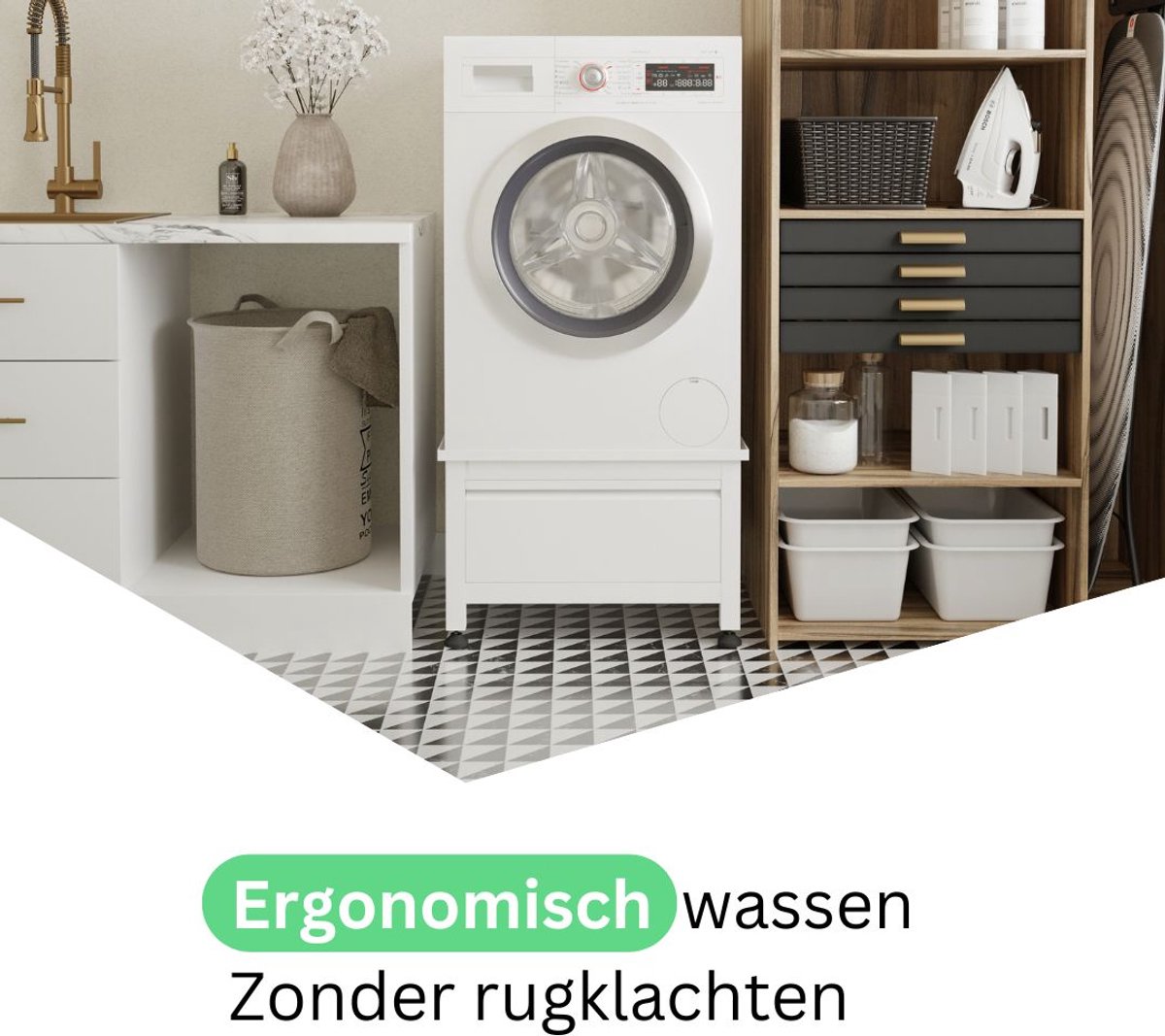 Wasophoogte® Wasmachine verhoger met lade - Wasmachine opbouwmeubel - Wasmachine sokkel - 42cm hoog - Wit - Universeel - 65*60,5 (LxB) - Inclusief wandbeugels — afbeelding 5
