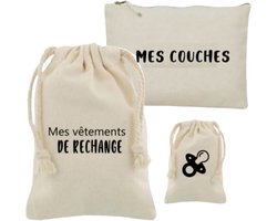 Set 3 pièces | Vêtements de rechange | Couches | Tétine | Fiep| Pochettes de rangement | Rangement | Crèche | À emporter | Organisation | Bébé | Nouveau-né | Pochette à couches | Sucette | Sac en coton | Sac de rangement | Sa