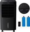 Zwarte mobiele aircooler met roosters aan de voorzijde, digitaal bedieningspaneel, afstandsbediening en twee blauwe koelelementen.