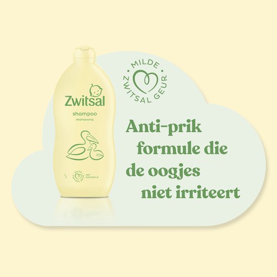 Een gele fles Zwitsal shampoo met een pelikaan en kuiken. "Anti-prik formule die de oogjes niet irriteert."