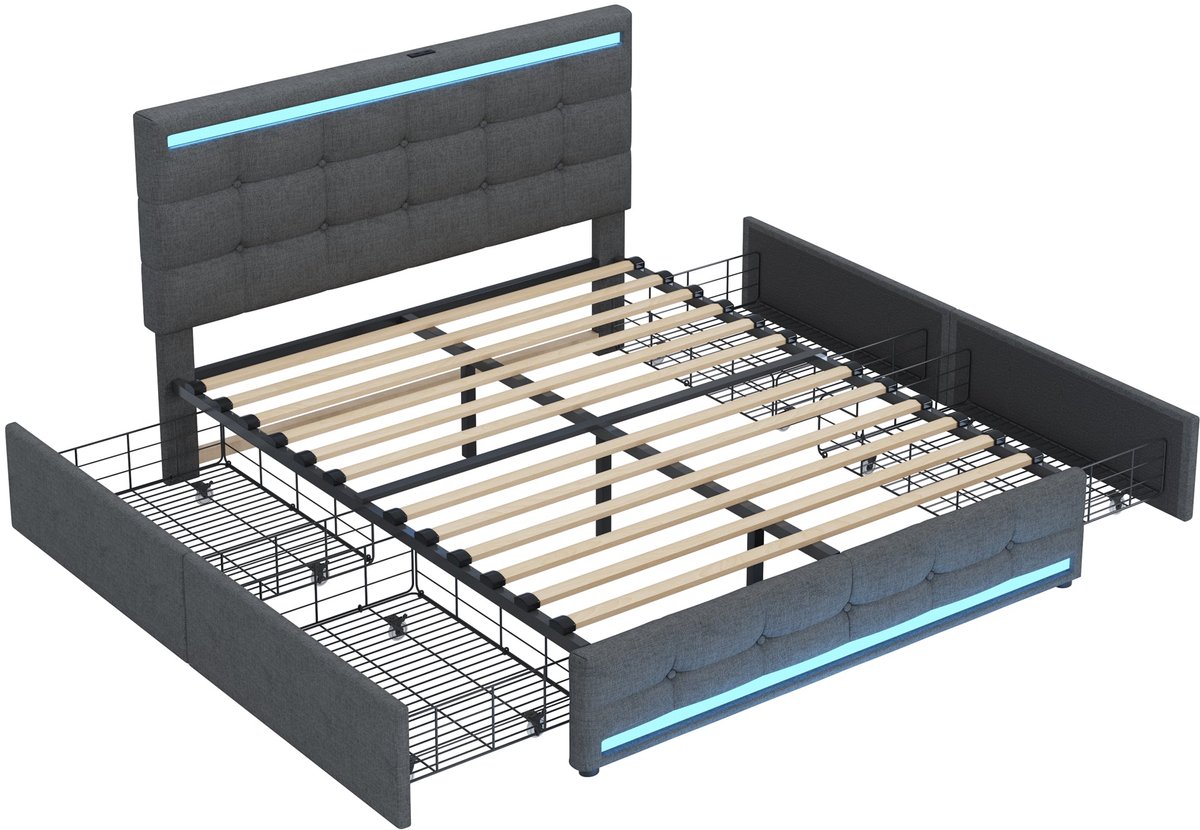 Merax Bed 140x200 met 4 Lades – Grijs – Tweepersoonsbed met LED en USB