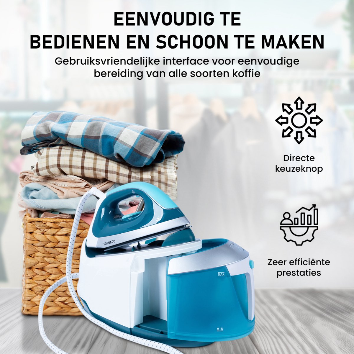 Tornado TSS-2400D - Stoomstrijkijzer station - 2400W - 1,8l - Keramische zoolplaat - Wit, Blauw — afbeelding 6