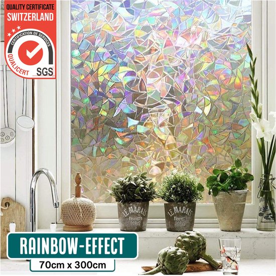 Homewell Raamfolie HR++ 70x300cm - Zonwerend & Isolerend - Statisch Zelfklevende Plakfolie - Glas in Lood - Regenboog Scherven
