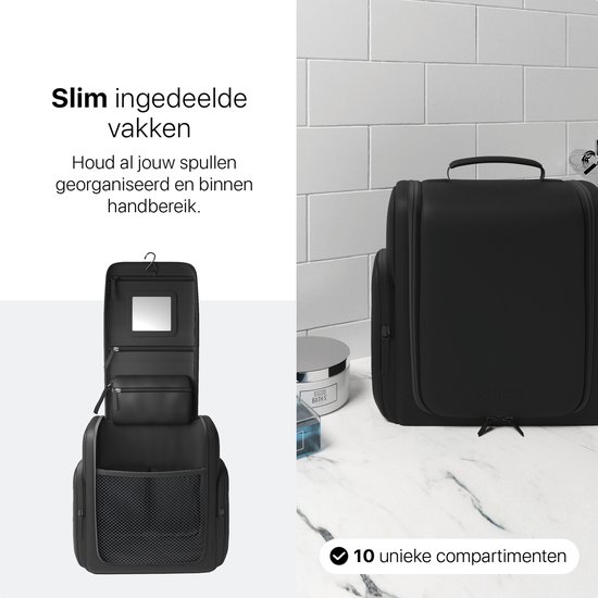ONYX Toilettas Zwart - Make Up Tasje - Cosmetica Organizer - Interne Organizers - Beautycase & Make-Up Spiegel - Toiletzak Hangbaar met Haak - Dames en Heren - Maat: L