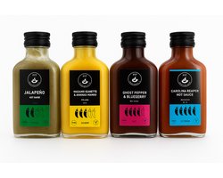 Hete Sauzen Pakket met 4 Hot Sauces - Carolina Reaper, Jalapeño, Madame Jeanette, Ghost Pepper - Handgemaakt in Nederland - Vegan, Glutenvrij, Keto friendly - Natuurlijk van de lokale boer - Kerst kado, Sinterklaas kado - Saus Met Pit - 4x 100ml
