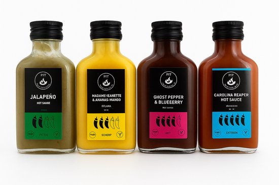 Saus Met Pit Hete Sauzen Pakket met 4 Hot Sauce - Carolina Reaper, Jalapeño, Madame Jeanette, Ghost Pepper - Handgemaakt in Nederland - Vegan - 4x 100ml
