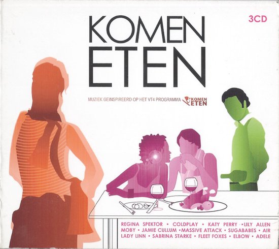 CD-hoes met titel 'Komen Eten'. Een gedekte tafel met drie figuren en een staande figuur.