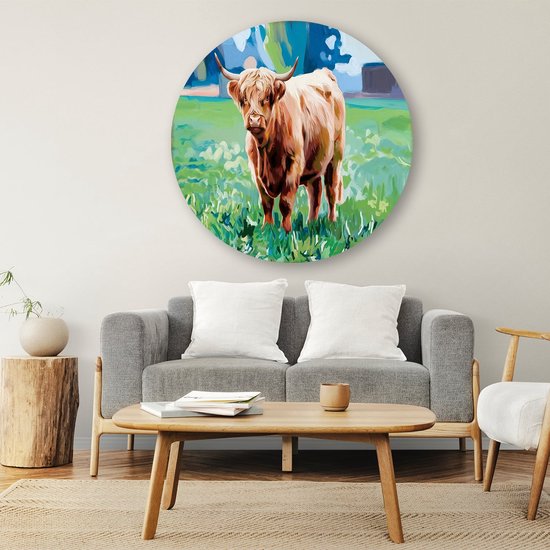 Schotse hooglander in weide - Hooglander muurcirkel - Wandschalen koe - Digital Art - Forex design muurcirkel - Kunst voor landelijke interieurs - muurcirkel forex 60x60 cm