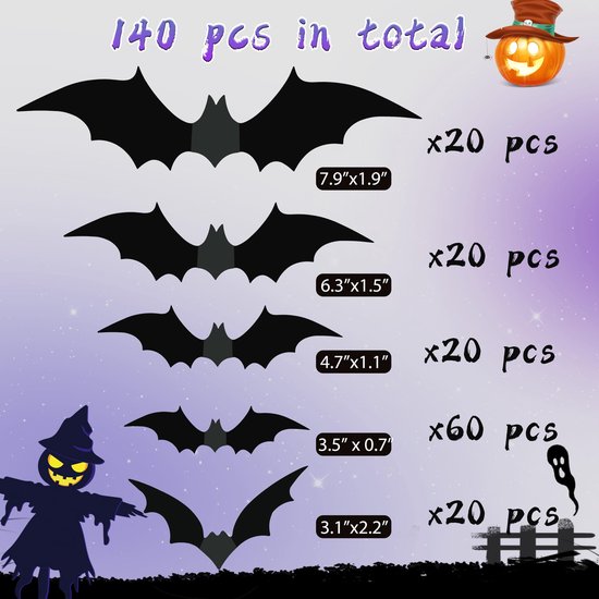 140 autocollants muraux chauve-souris noirs pour Halloween de différentes tailles, de 7,9"x1,9" à 3,1"x2,2". Inclut une citrouille avec chapeau et une sorcière.