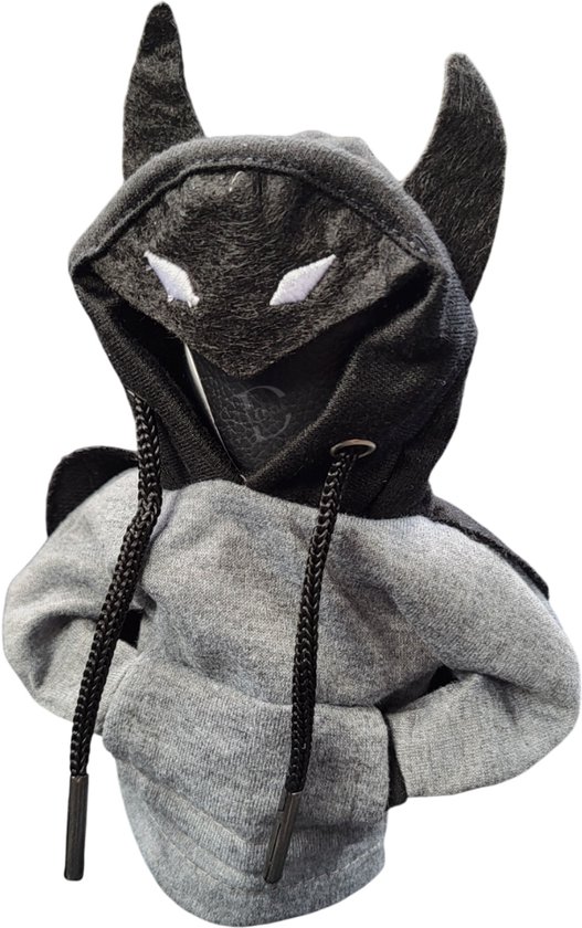 Grijze en zwarte hoodie met vleermuisvleugels en witte ogen, met trekkoorden.