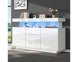 Learnlogic 140x35x80 cm modern sideboard, hoogglans sideboard, koffiebar, acryl sideboard met 16-kleurig LED-lichtstrip, geschikt voor eetkamer, keuken, gang (wit)