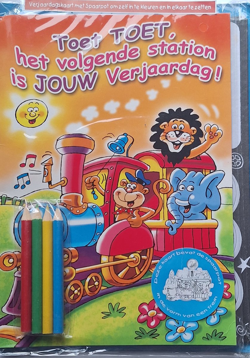Ansichtkaart verjaardag met Spaarpot om zelf in elkaar te zetten en te kleuren.