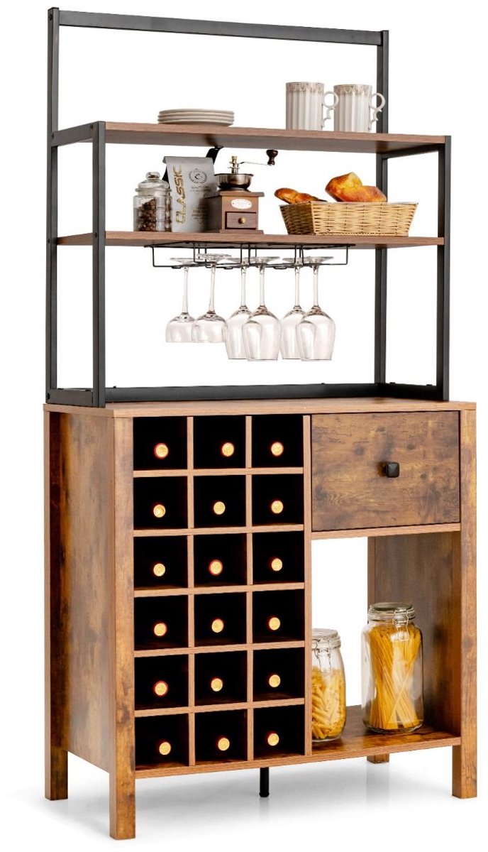 Barkast - Wijnrek - Keukentrolley - Wijnkast - Drankkast - 74 x 40 x 160 cm - Wijnfleshouder - Wijnglazenhouder - Bruin